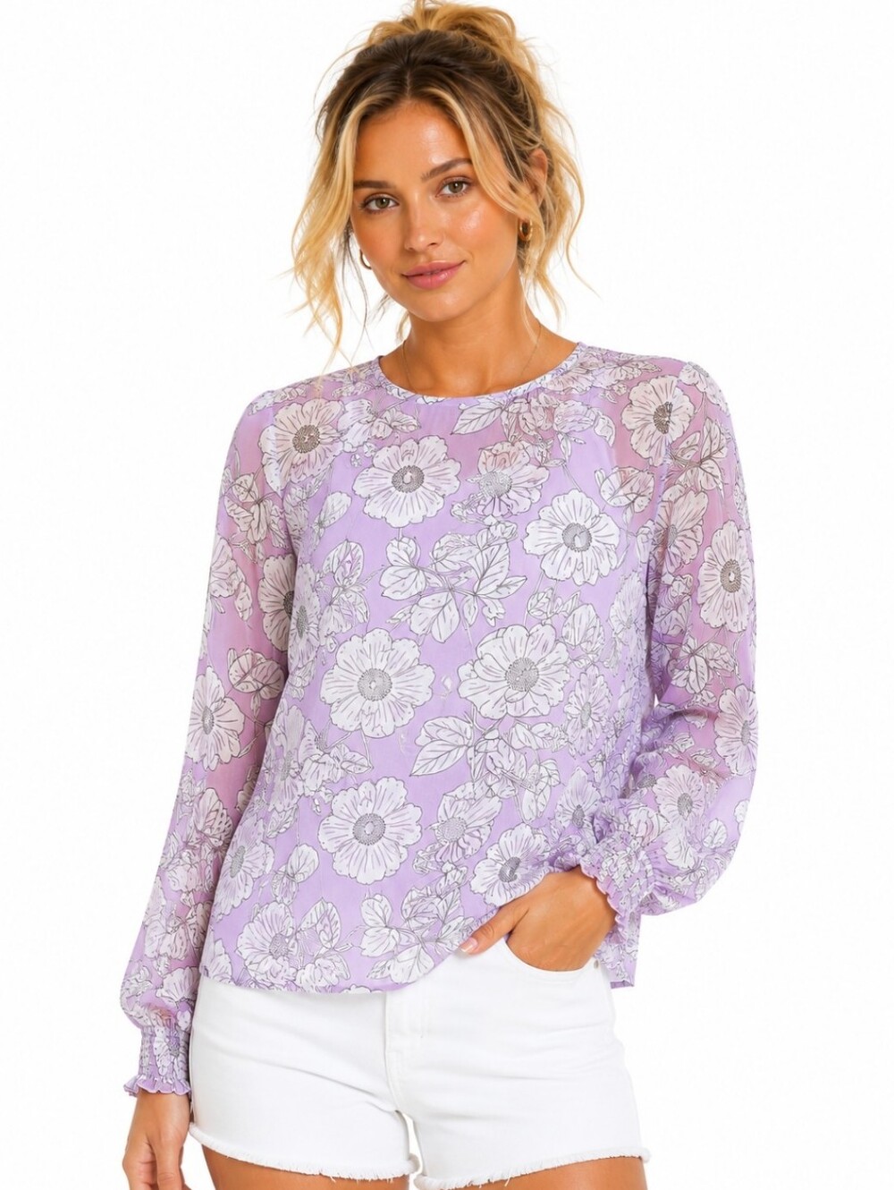 NWOT CAbi Lilac Floral Sheer Long-Sleeve Blouse (SZ:L)